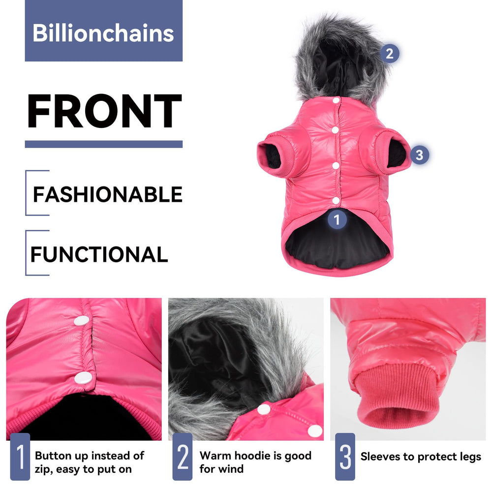 Billionchains pink coat with leash opening at back for safer, hands-free walks.