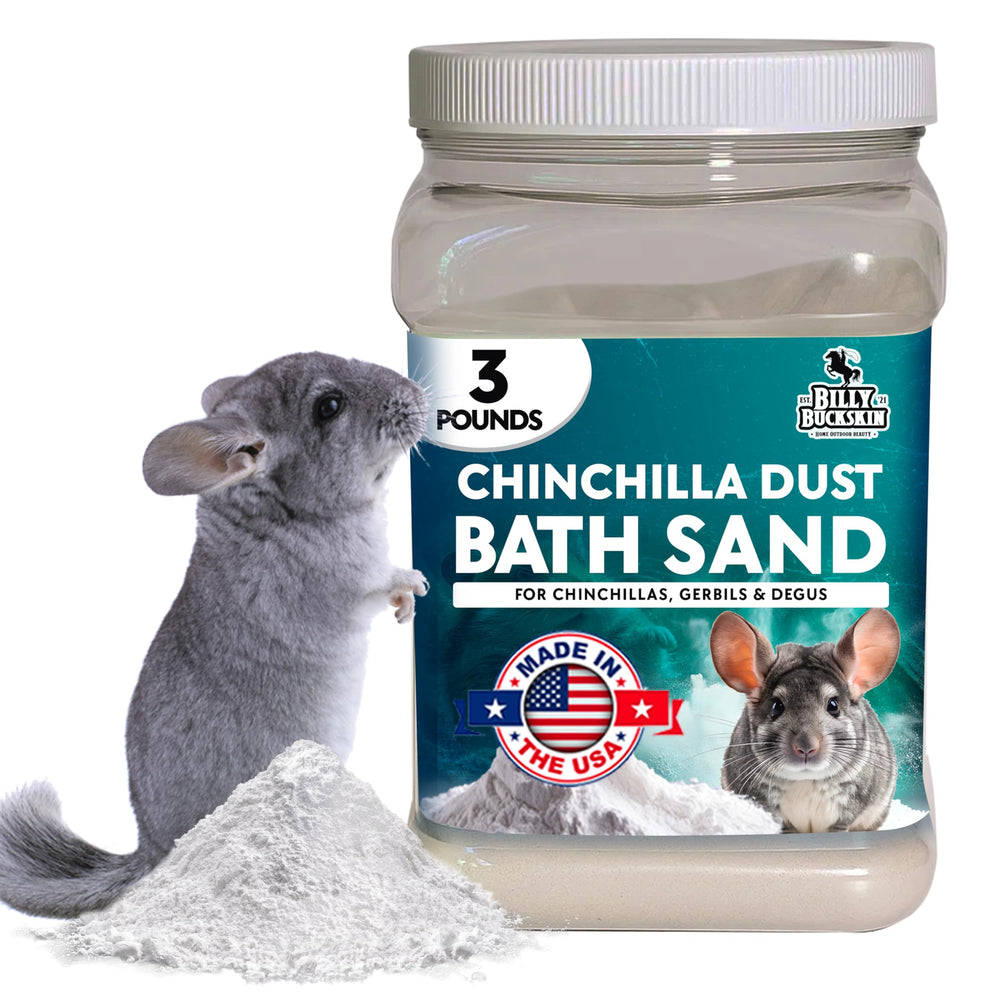 Billy Buckskin 3lb chinchilla dust jar in resealable container for easy grooming sessions.