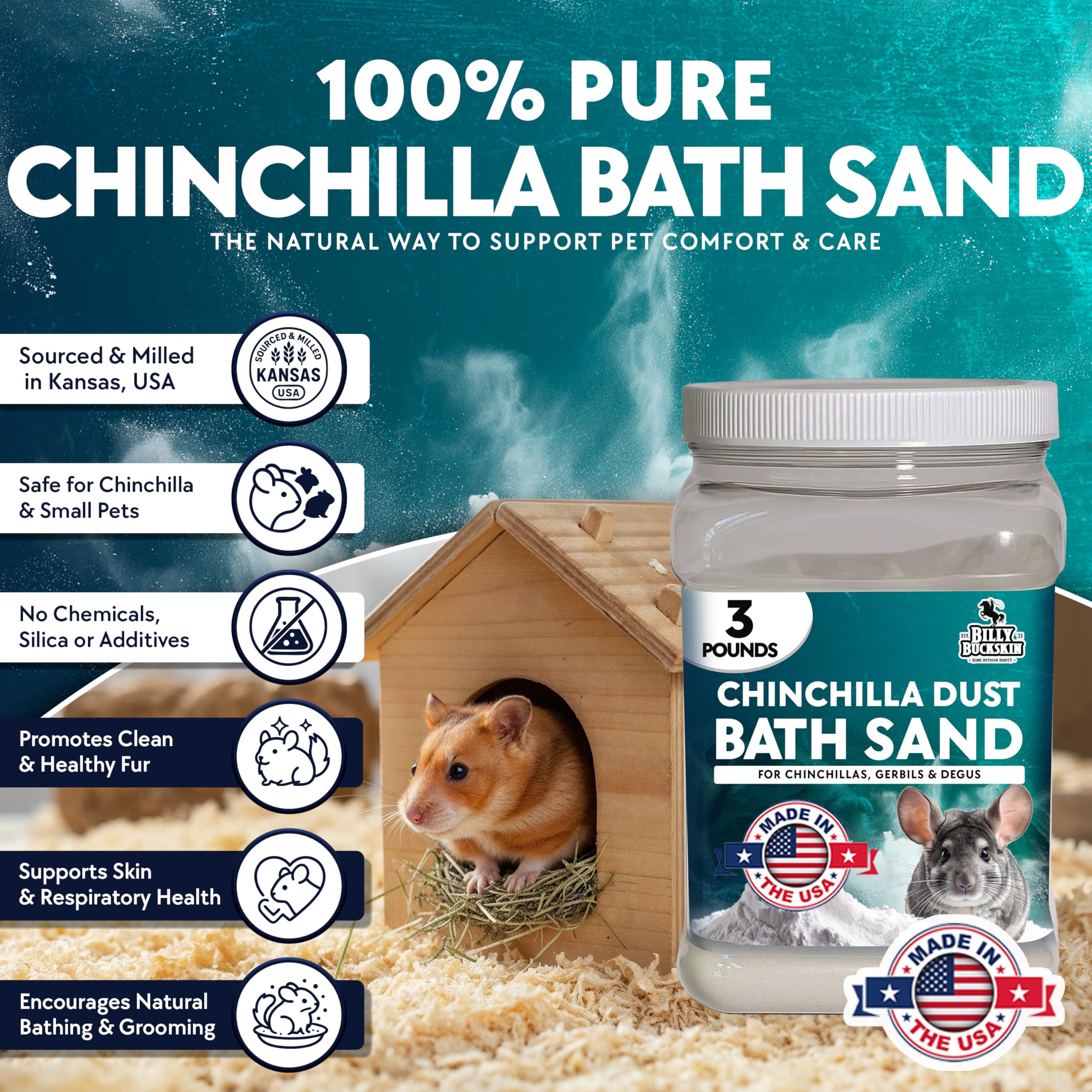 Billy Buckskin chinchilla dust bath setup highlighting quick, mess-free grooming.
