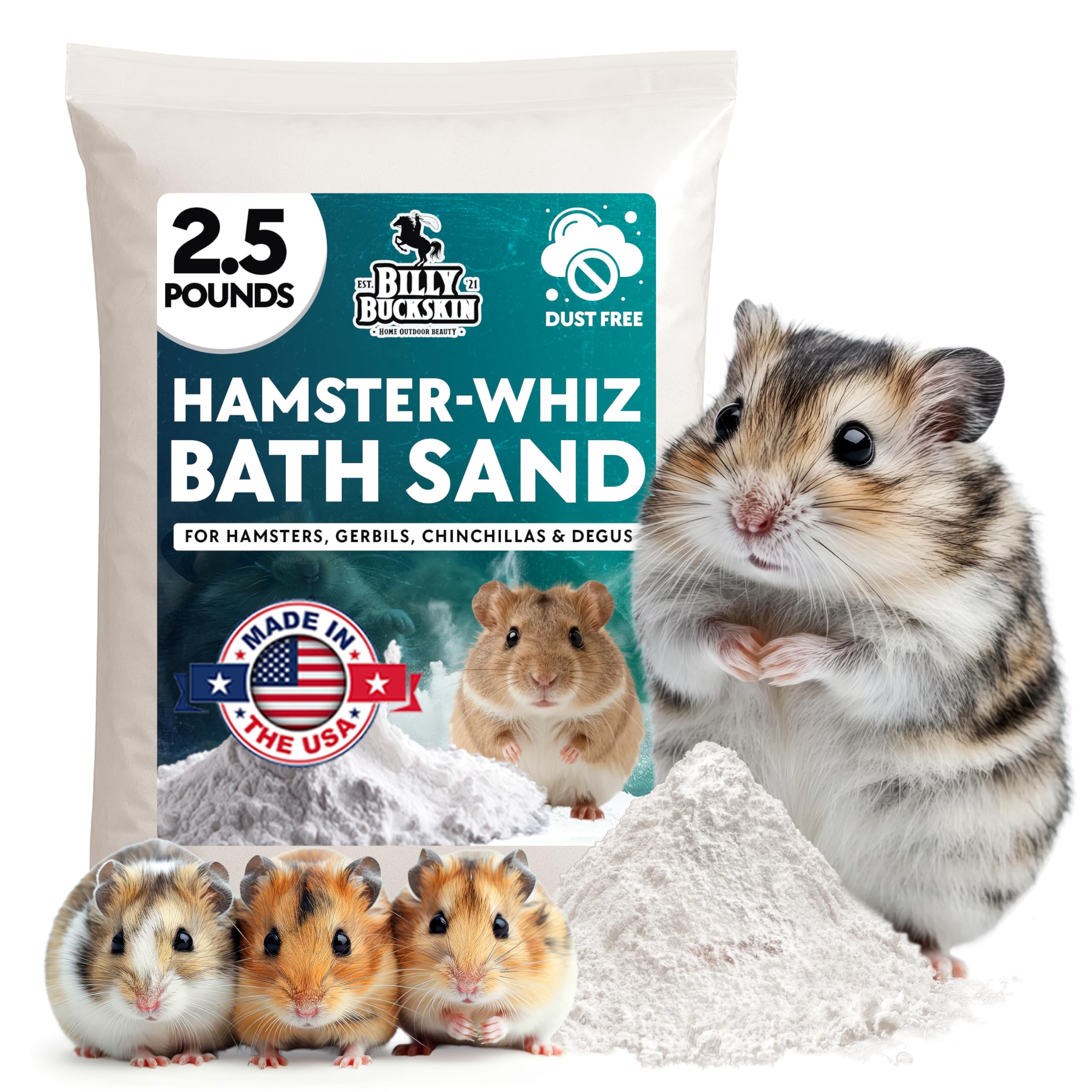 Billy Buckskin hamster sand bath packaging shows natural enrichment for grooming.