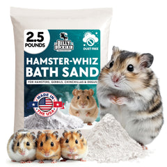 Billy Buckskin hamster sand bath packaging shows natural enrichment for grooming.