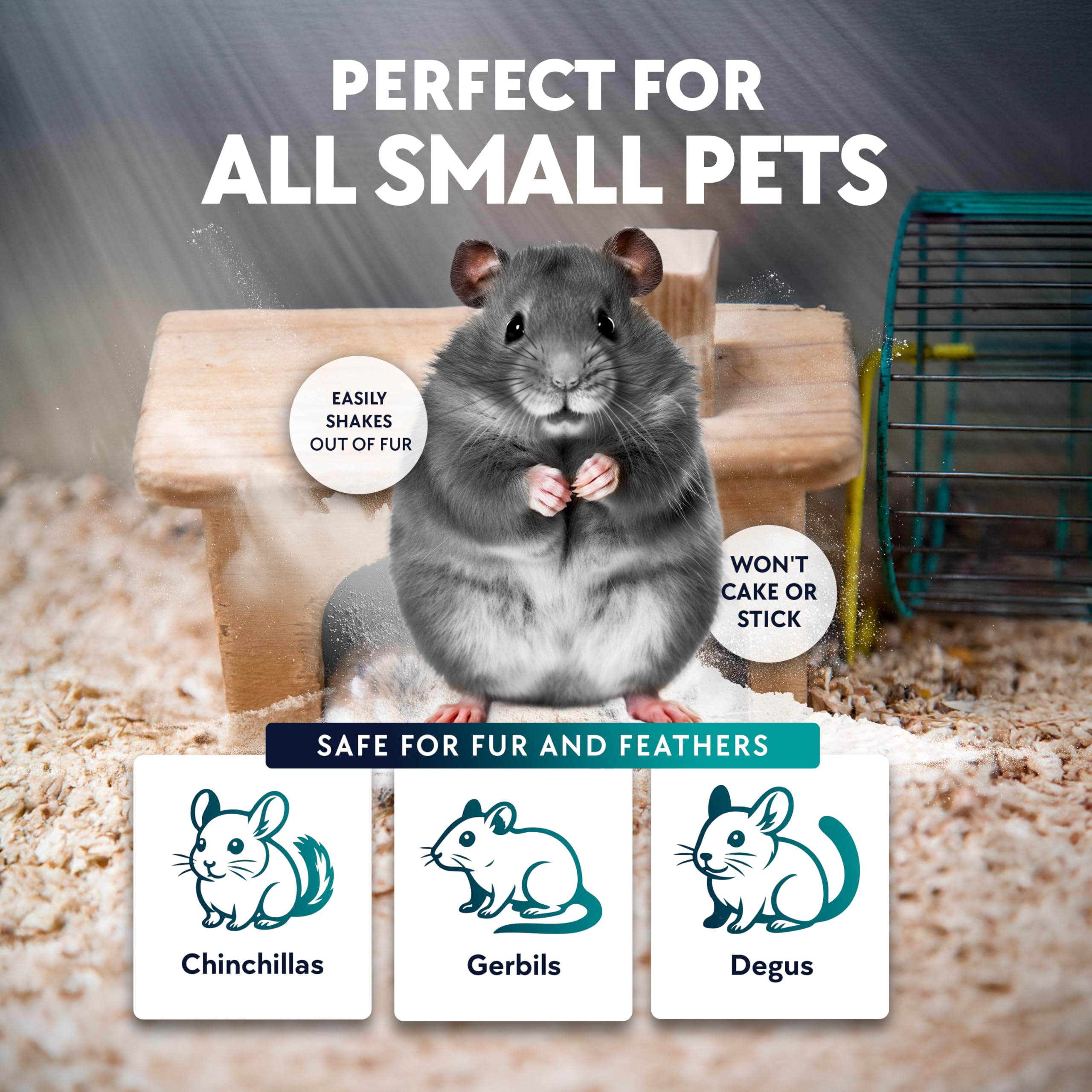 Billy Buckskin ultra-fine chinchilla dust emphasizing gentle cleansing for soft coats.