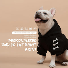 BINGPET Bad To The Bone sweater back view highlights durable glue-pressed text and cozy warmth.