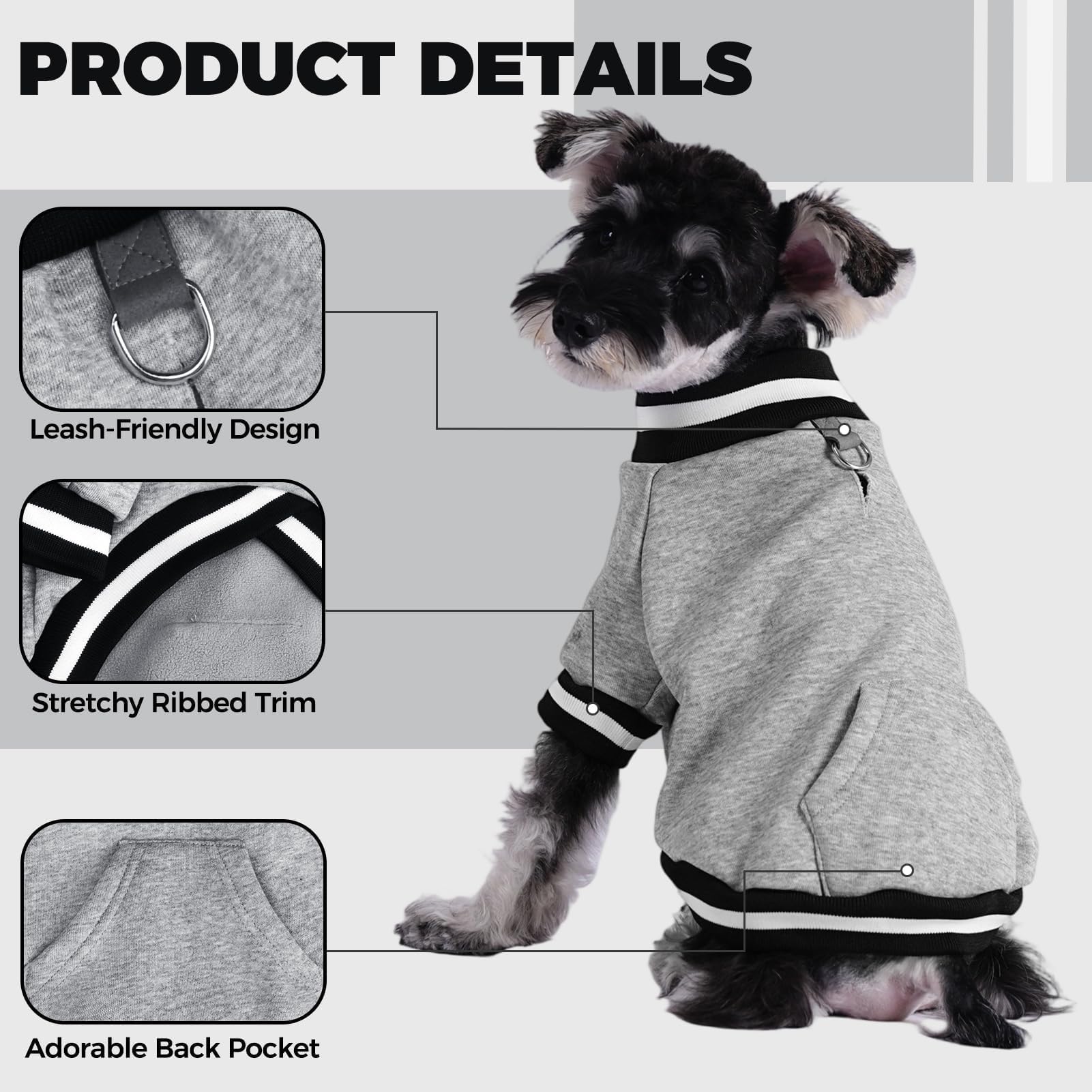 BINGPET dog sweatshirt grey D-ring attachment secures leash during strolls.