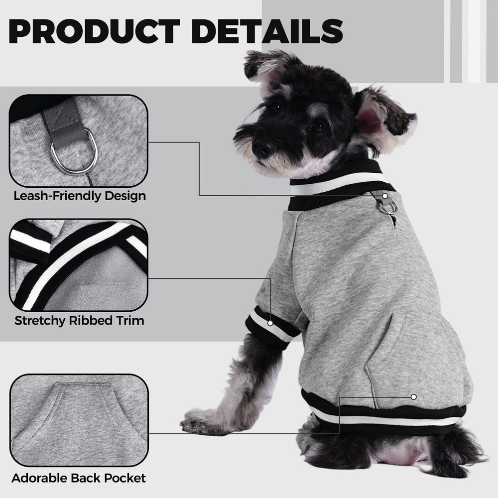 BINGPET dog sweatshirt grey D-ring attachment secures leash during strolls.