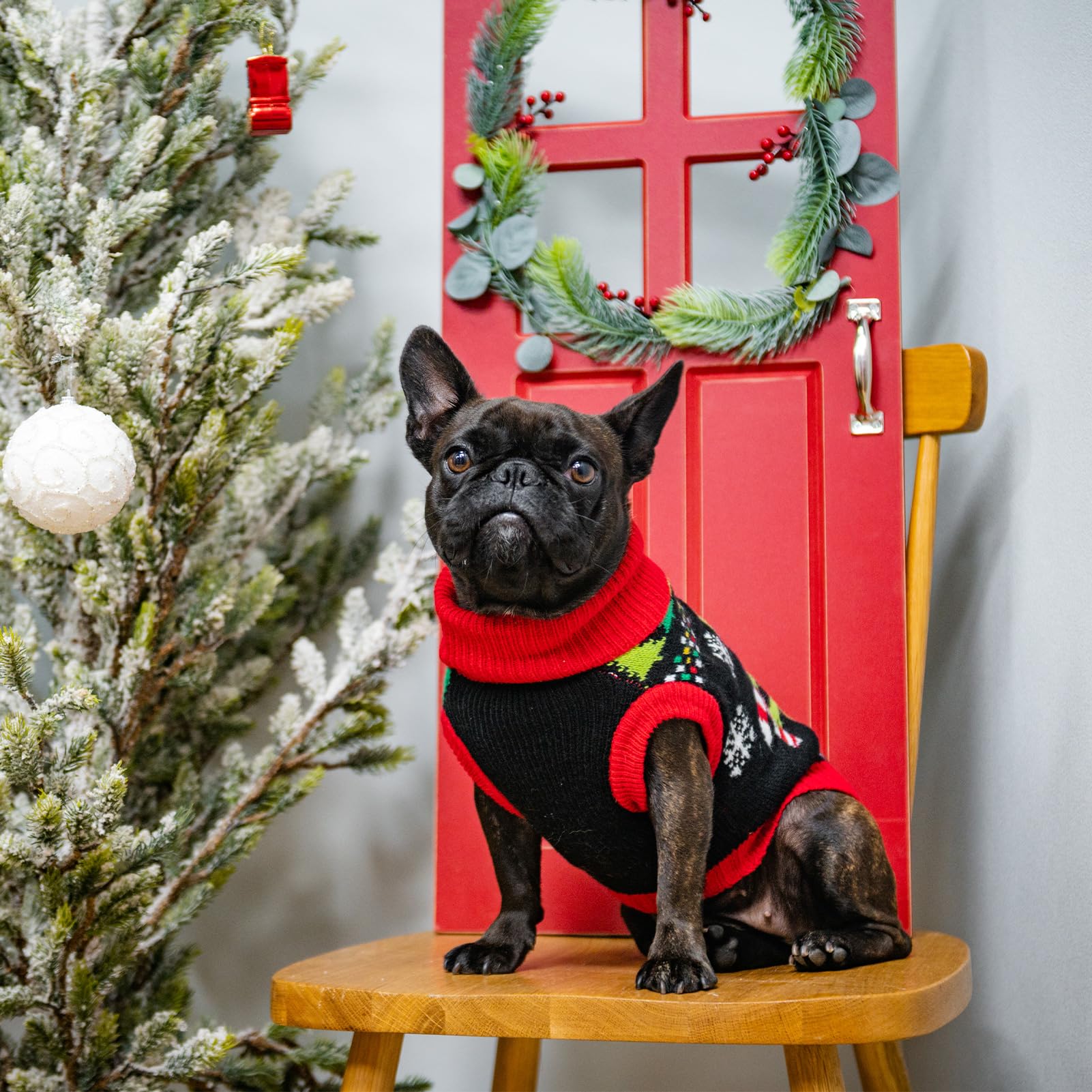 BINGPET Knit Dino Sweater features bow on tail and Christmas hat accents