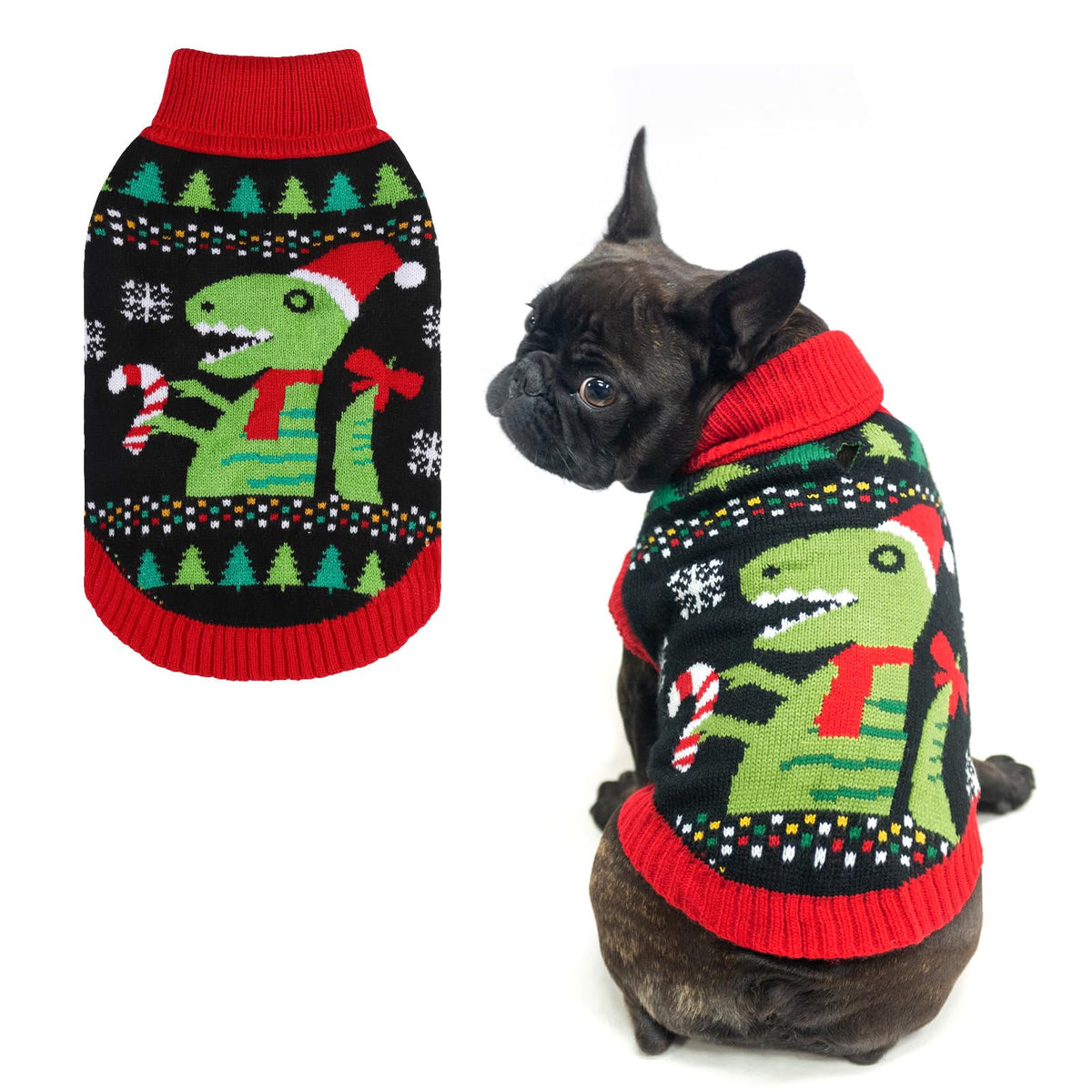 BINGPET Knit Dino Sweater close-up of holiday pattern for festive wear