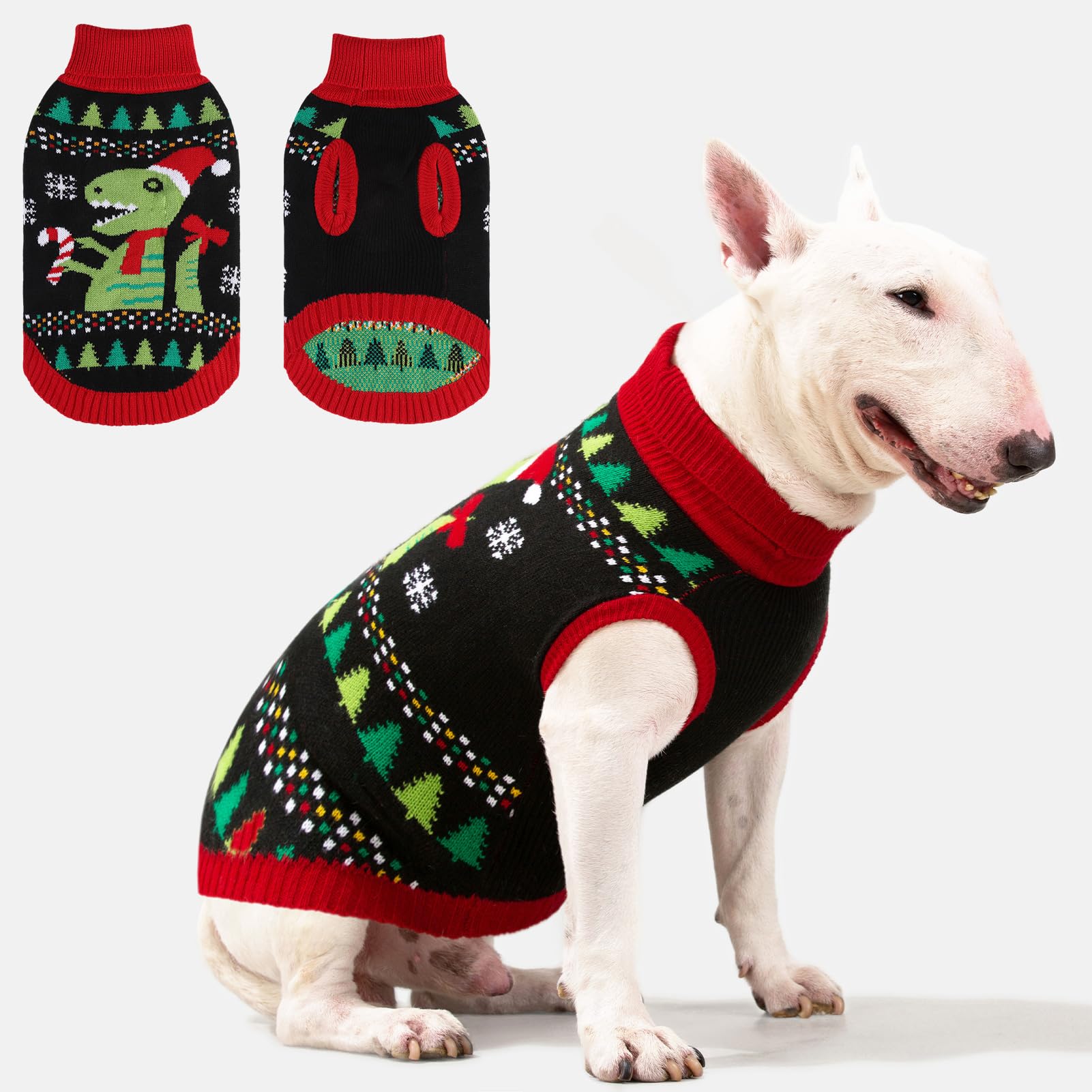BINGPET Knit Dinosaur Sweater front view, cozy holiday-ready design.