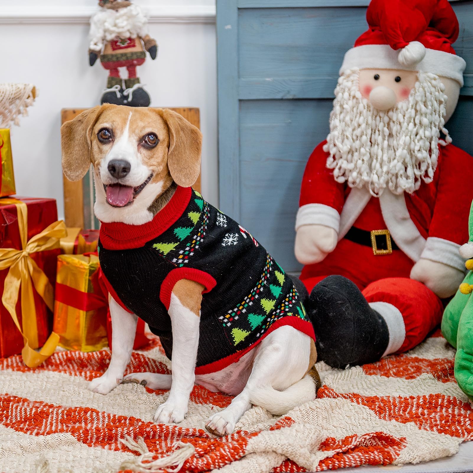 BINGPET knit puppy sweater green dinosaur print, stylish warmth for cold days.