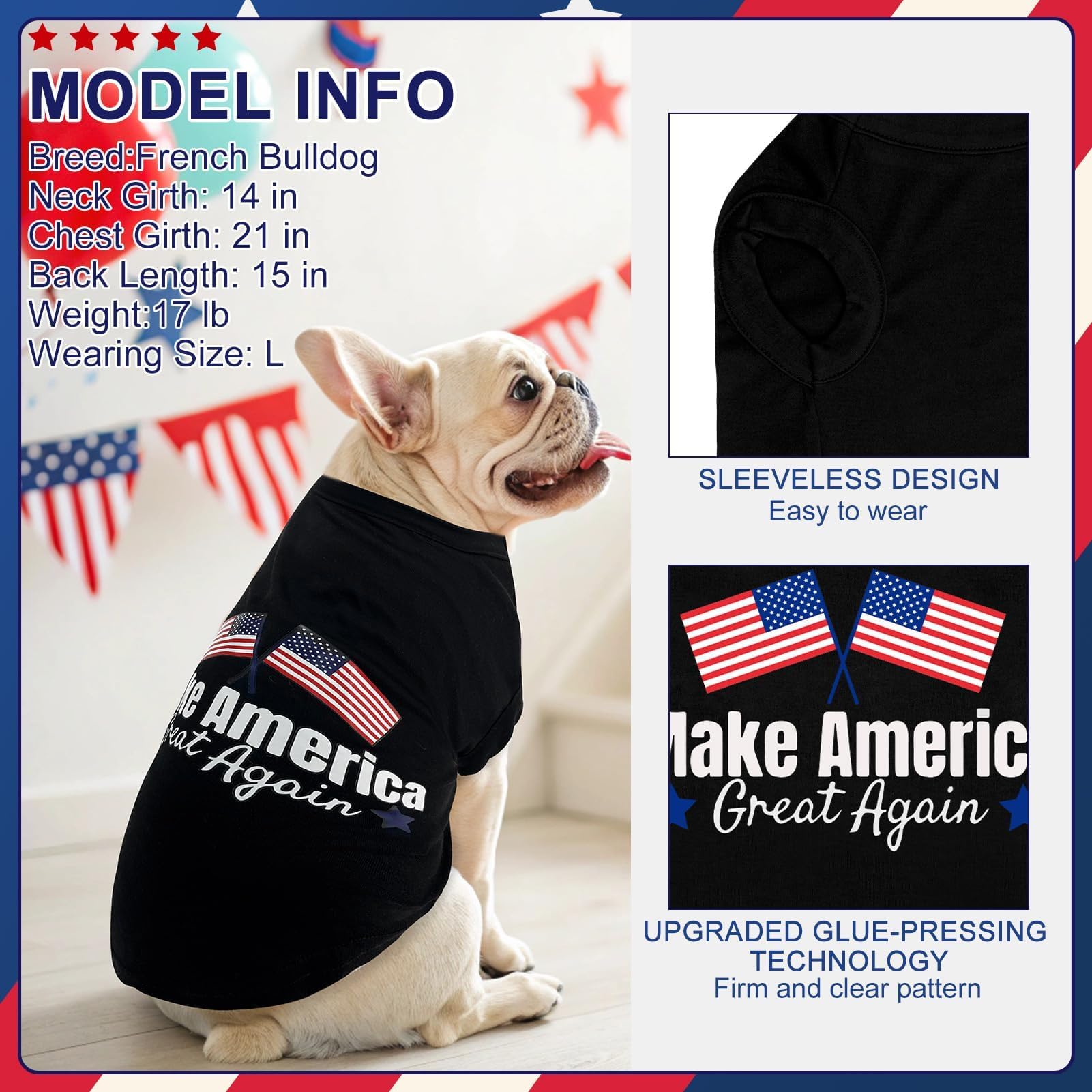 BINGPET Patriotic dog shirt back graphic highlighting durable print for July 4th events