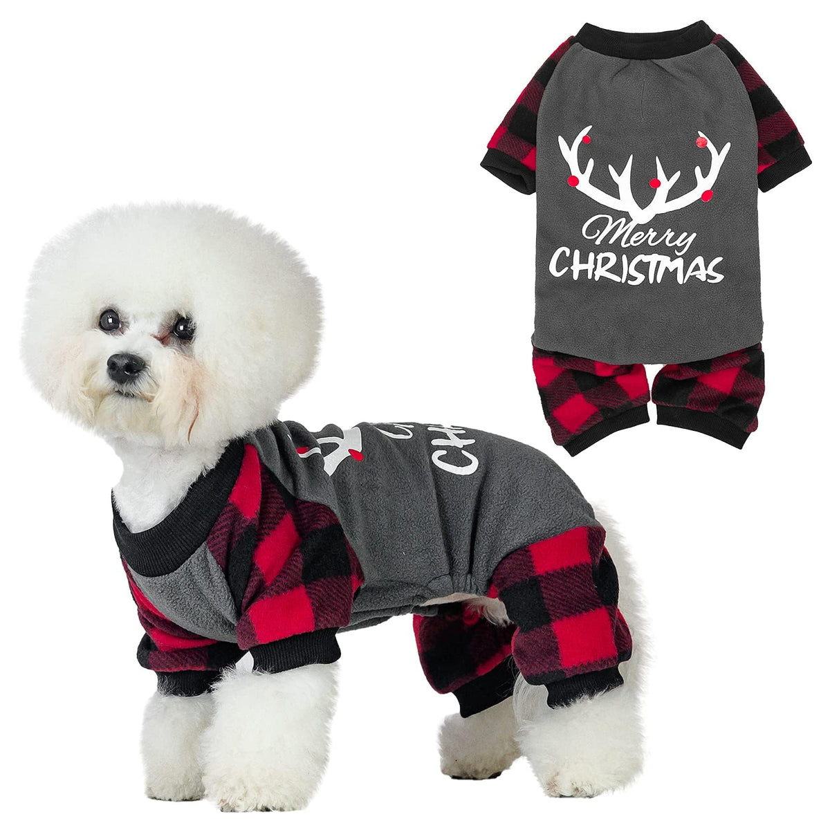 BINGPET small dog pajamas plaid with reindeer front view for cozy warmth
