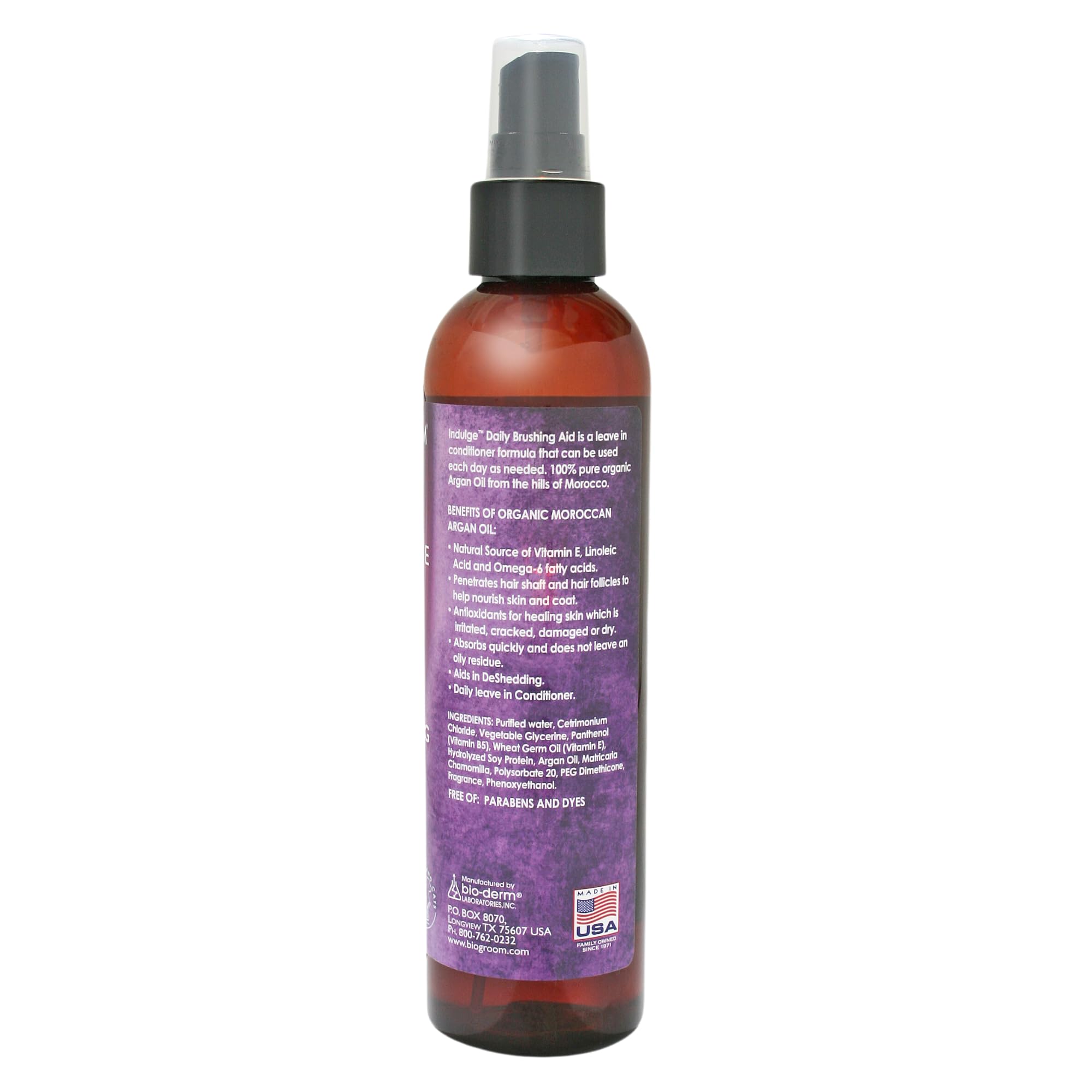 Bio-Groom Indulge Argan Oil Dog Conditioner application scene shows no-rinse convenience