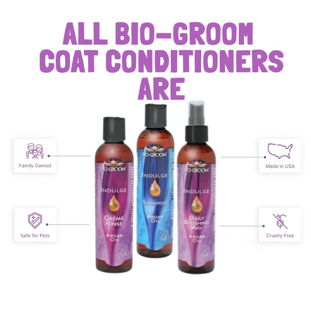 Bio-Groom Indulge Argan Oil Dog Conditioner on paw-screen demonstrates easy no-rinse bath-time