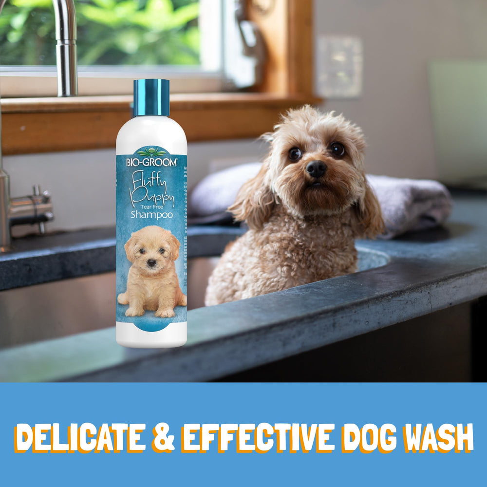Bio-Groom pet bath time scene highlighting easy rinse and fluffy coat after wash.