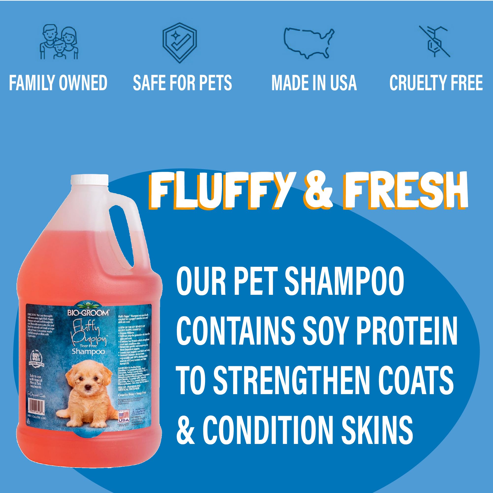 Bio-Groom puppy bath bottle highlights soft, fluffy coat after gentle cleansing