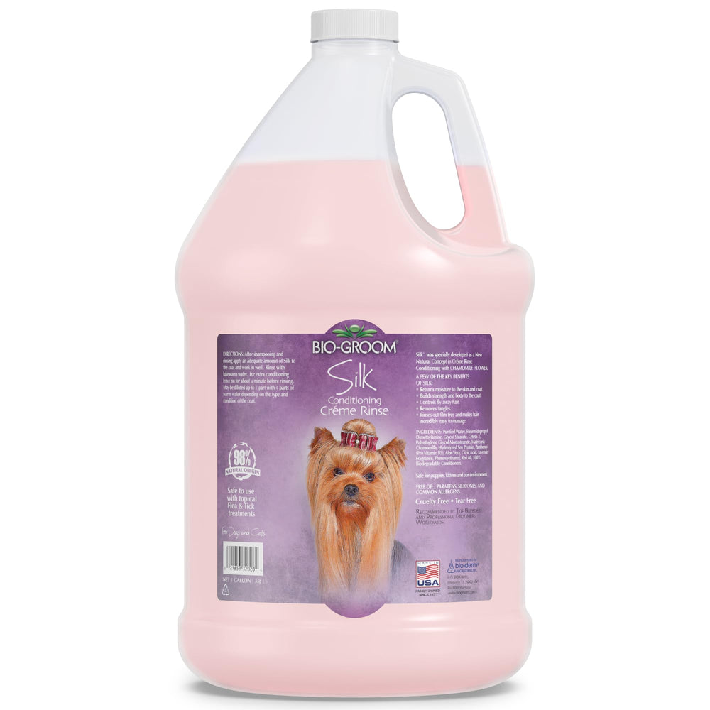 Bio-Groom Silk Creme Rinse bottle close-up showing detangler for easier brushing.