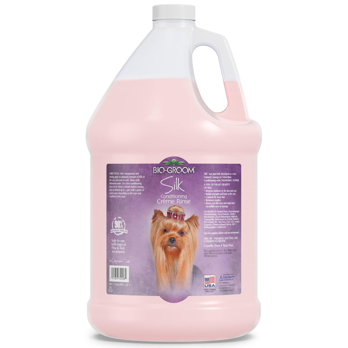 Bio-Groom Silk Creme Rinse bottle close-up showing detangler for easier brushing.