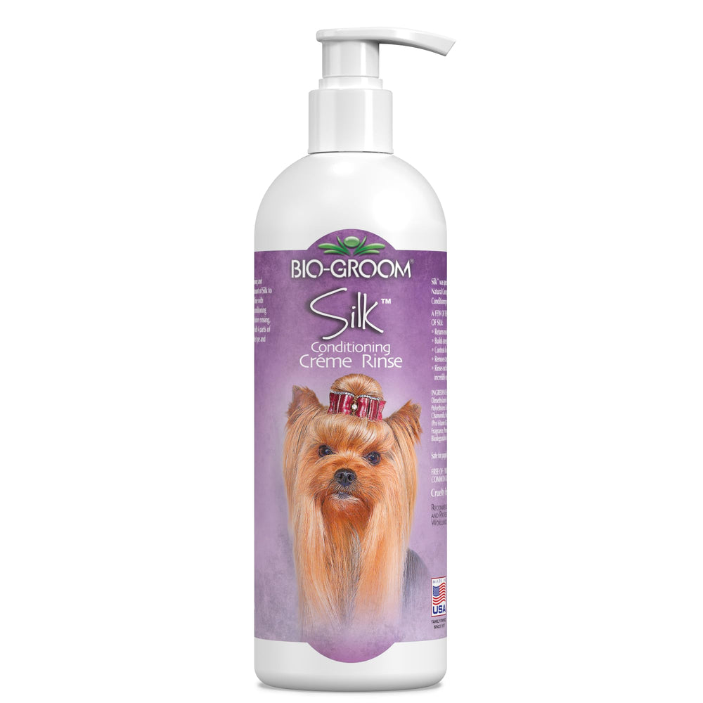 Bio-Groom Silk Creme Rinse bottle pour shows gentle tearless conditioning for dogs