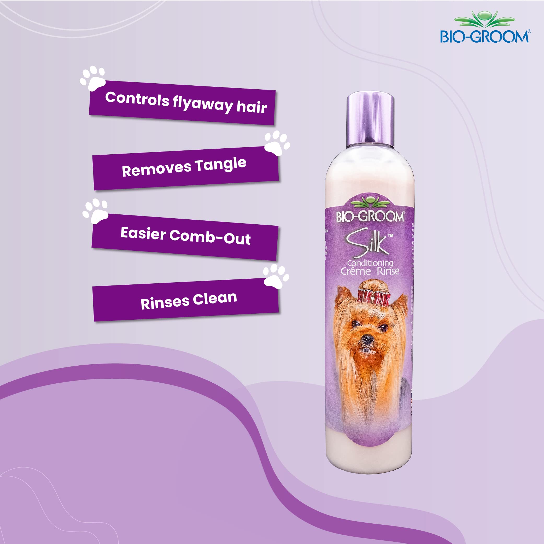 Bio-Groom Silk Creme Rinse puppy care session highlights tearless, gentle cleanse.