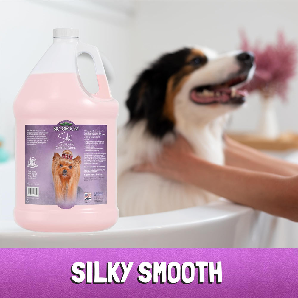 Close-up of a dog during rinse with Bio-Groom Silk Creme Rinse for silky, manageable fur.
