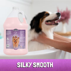 Close-up of a dog during rinse with Bio-Groom Silk Creme Rinse for silky, manageable fur.