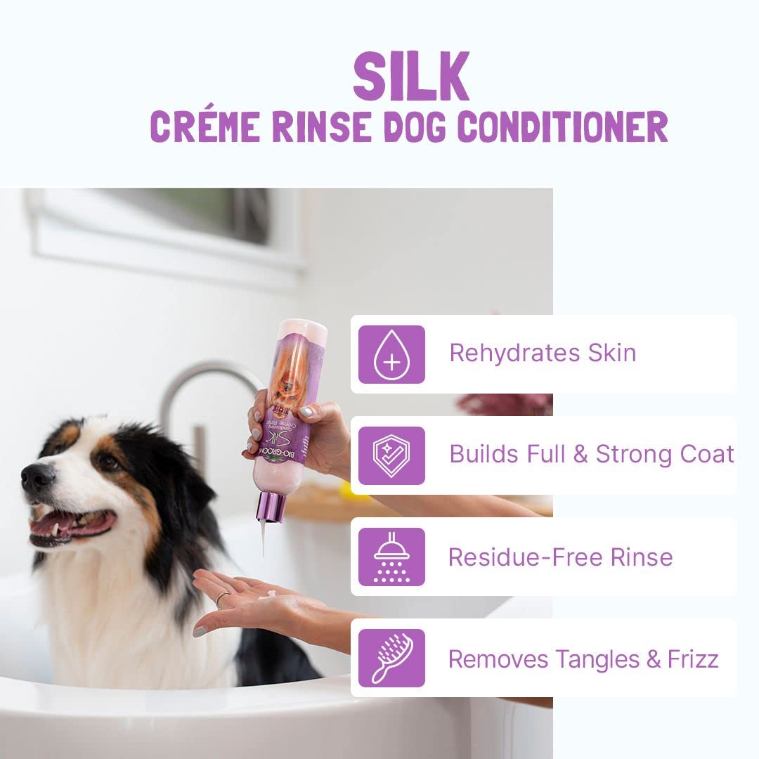 Bio-Groom Silk Creme Rinse quick rinse frame demonstrates fast, residue-free bathing routine