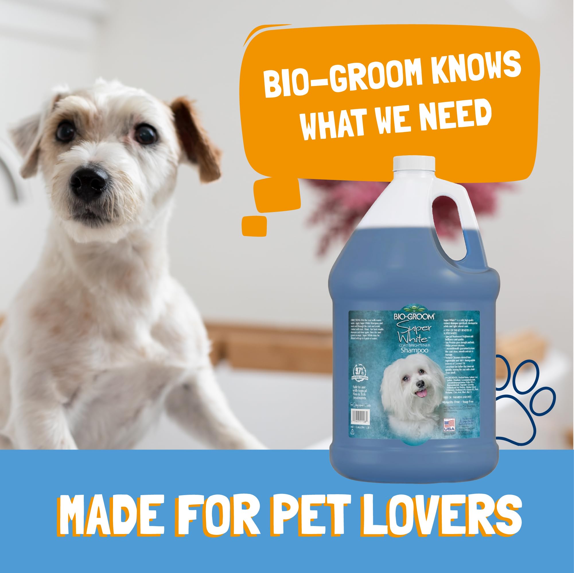 Bio-Groom Super Whitening coat sheen close-up; pearlescent brightness enhances look.