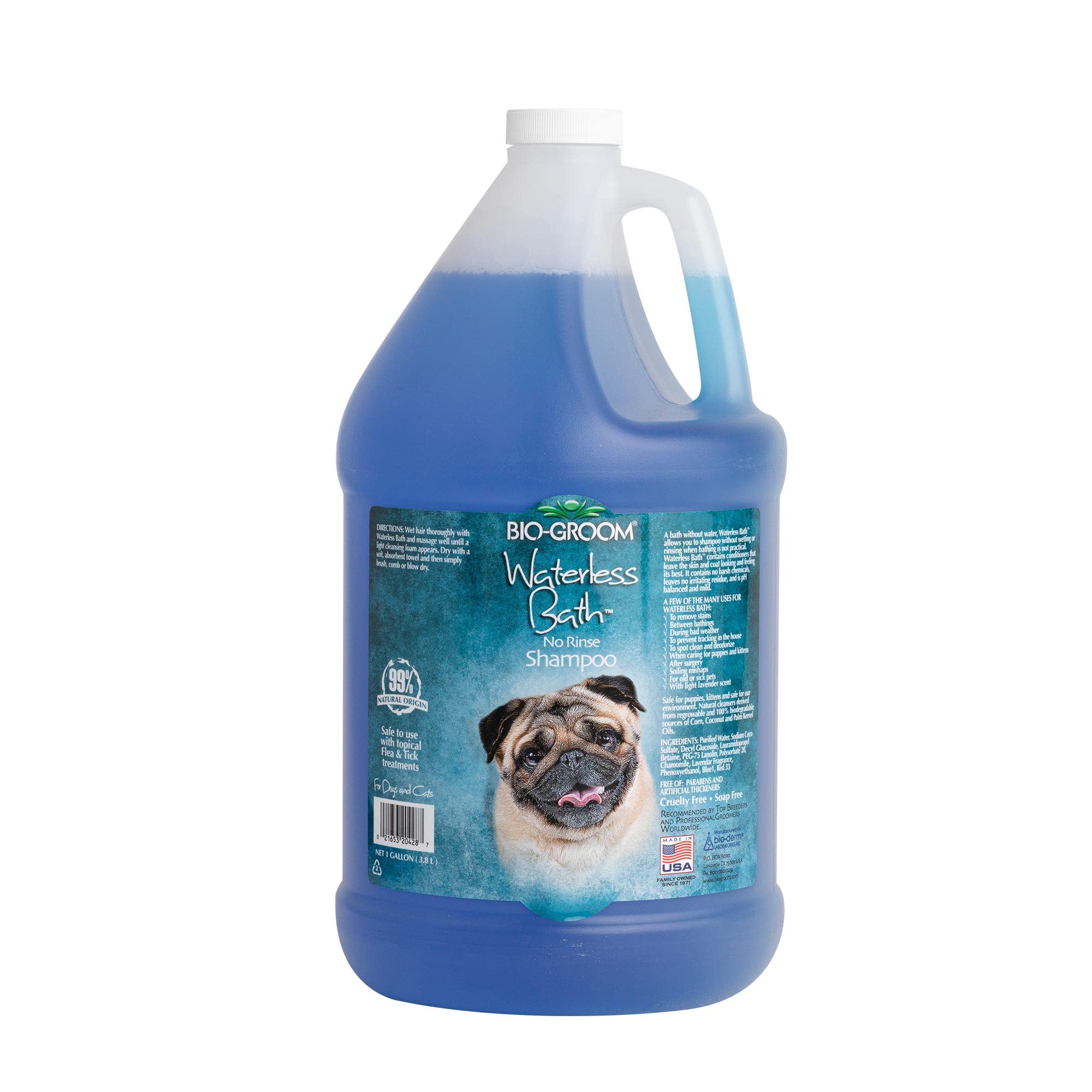 Bio-Groom Waterless Shampoo tearless bottle shows easy no-rinse bath for quick freshening