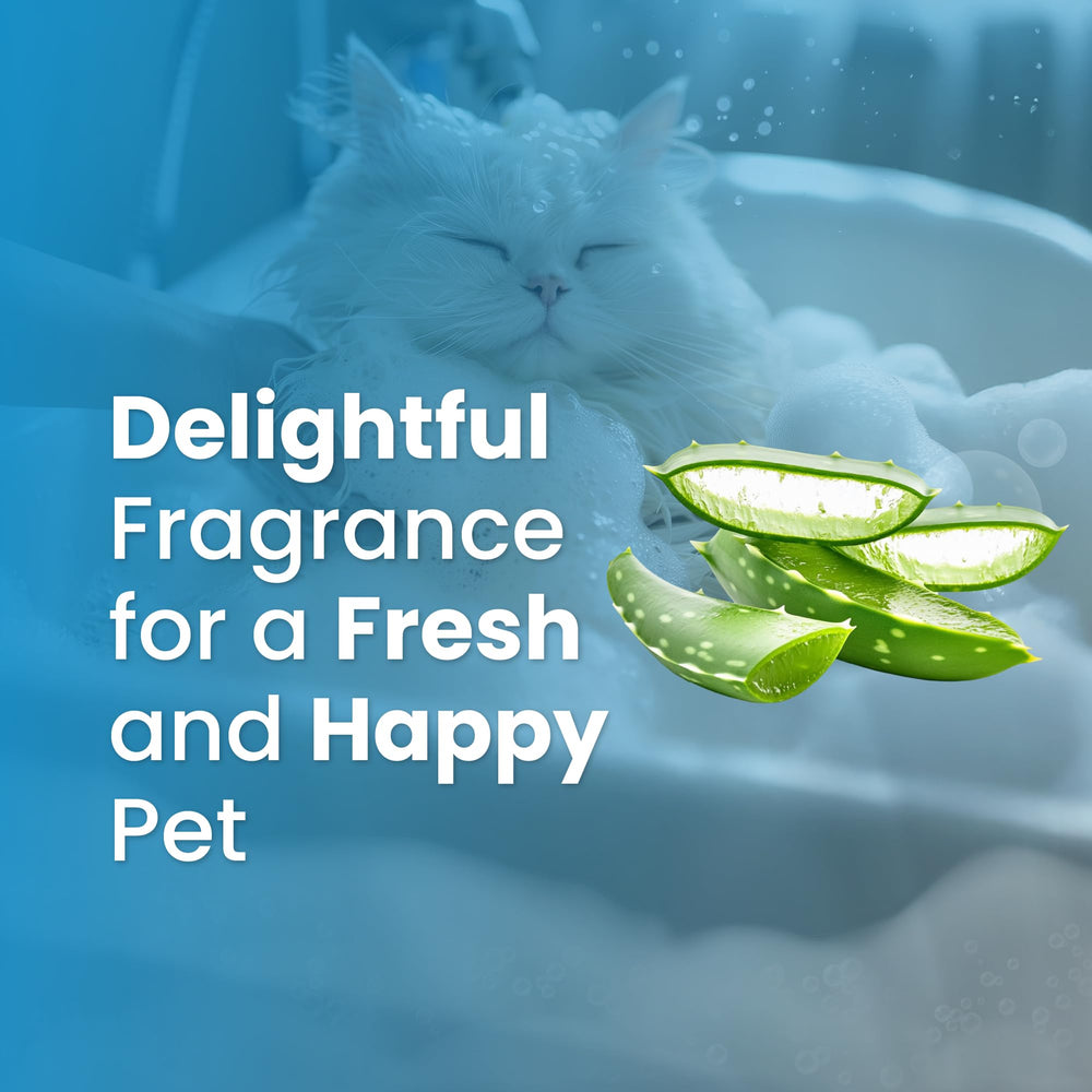 Bio PetActive Cat Shampoo Aloe Vera closeup emphasizes soothing, moisturizing aloe for dry skin.