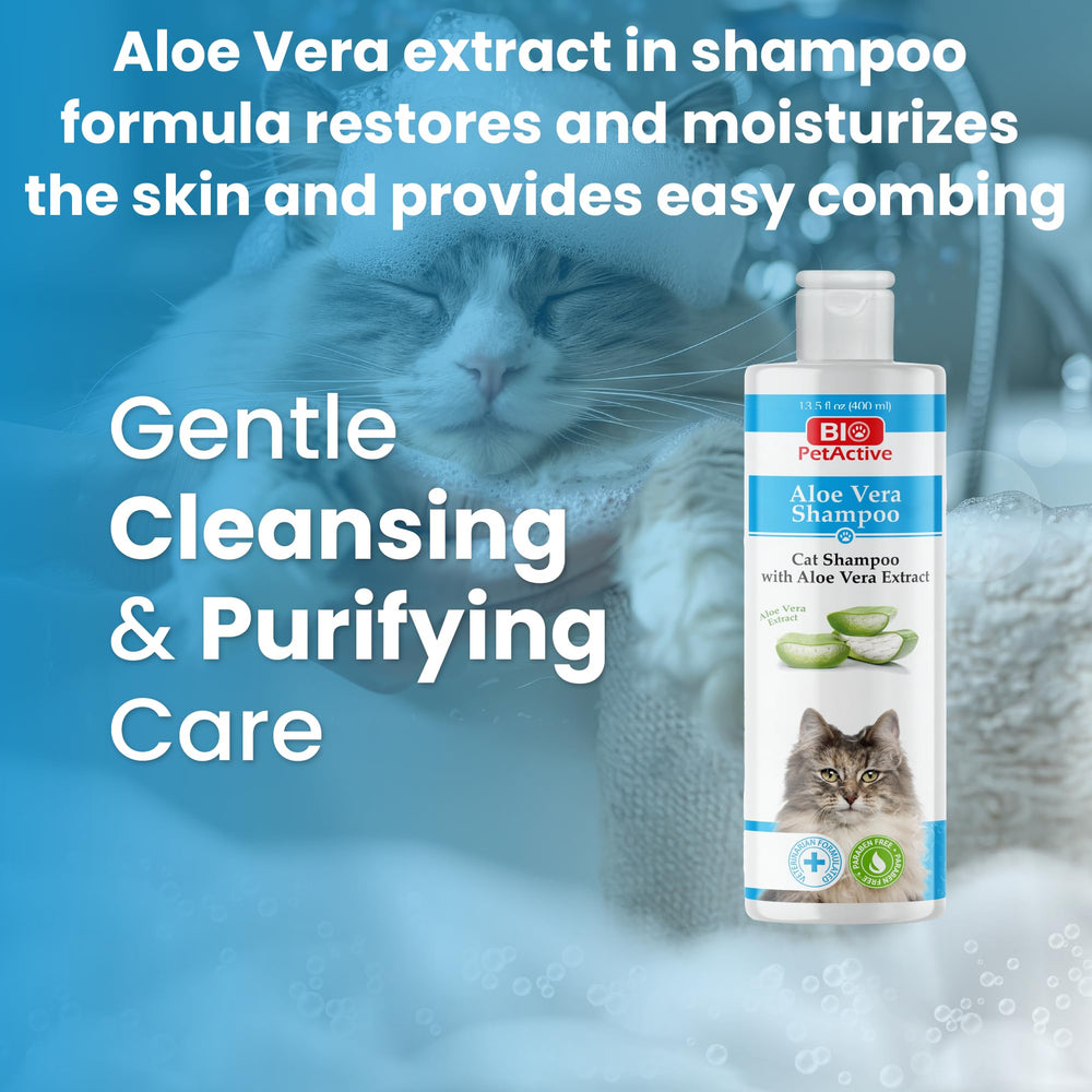 Bio PetActive Cat Shampoo label highlights veterinary formulation and paraben-free, pH-balanced care.