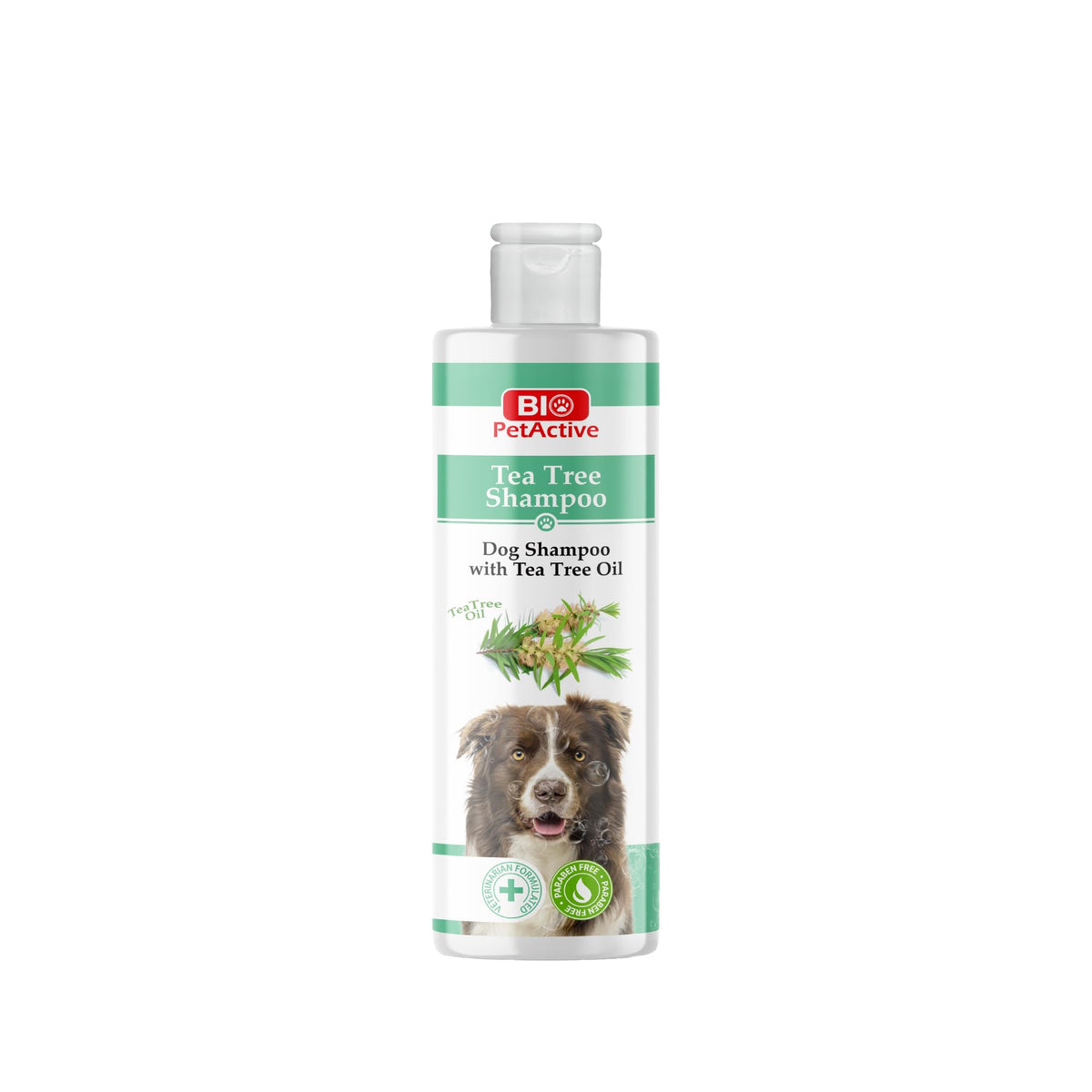 Bio PetActive Tea Tree Oil Dog Shampoo bottle highlights moisturizing formula.