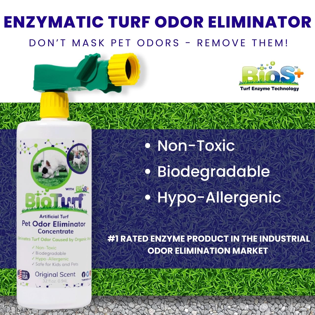 BioTurf BioS+ dilution jar shows eco-friendly cleaner preparation.