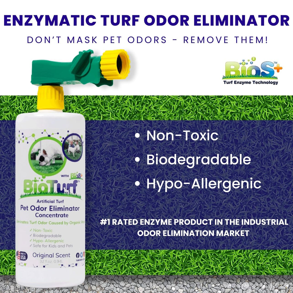 BioTurf BioS+ dilution jar shows eco-friendly cleaner preparation.