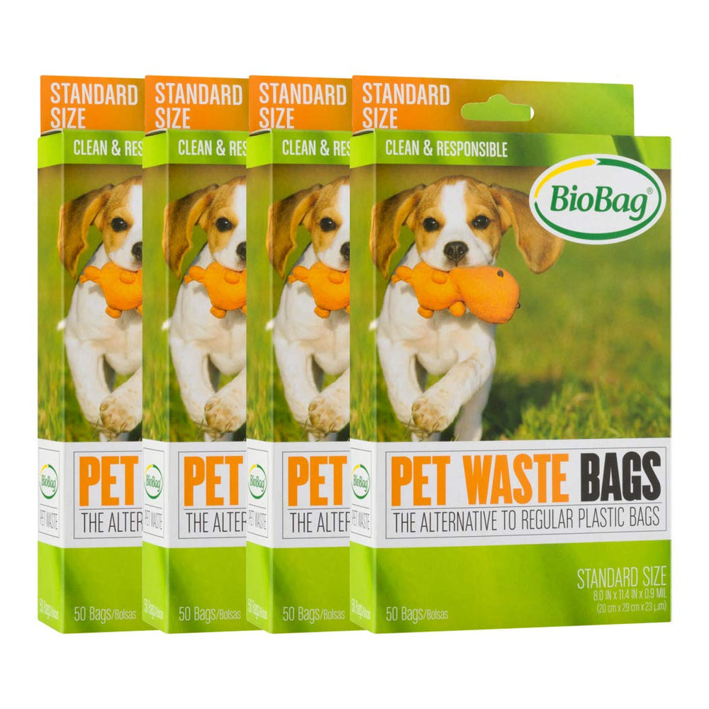 BioBag pet waste bags pack-4-boxes-front; compact storage for on-the-go cleanup.