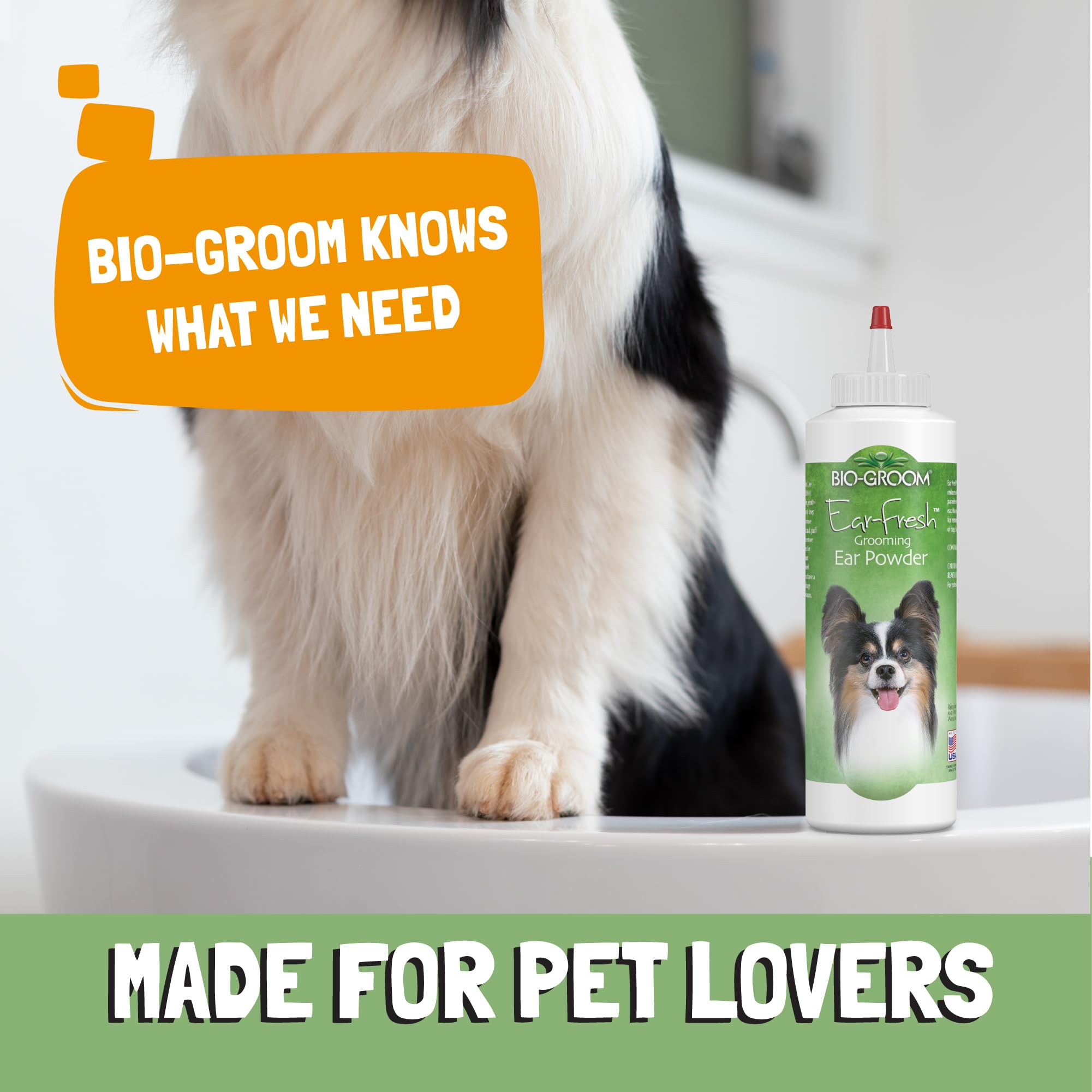 Bio-groom Ear-Fresh cat and dog use illustrating versatile grooming.