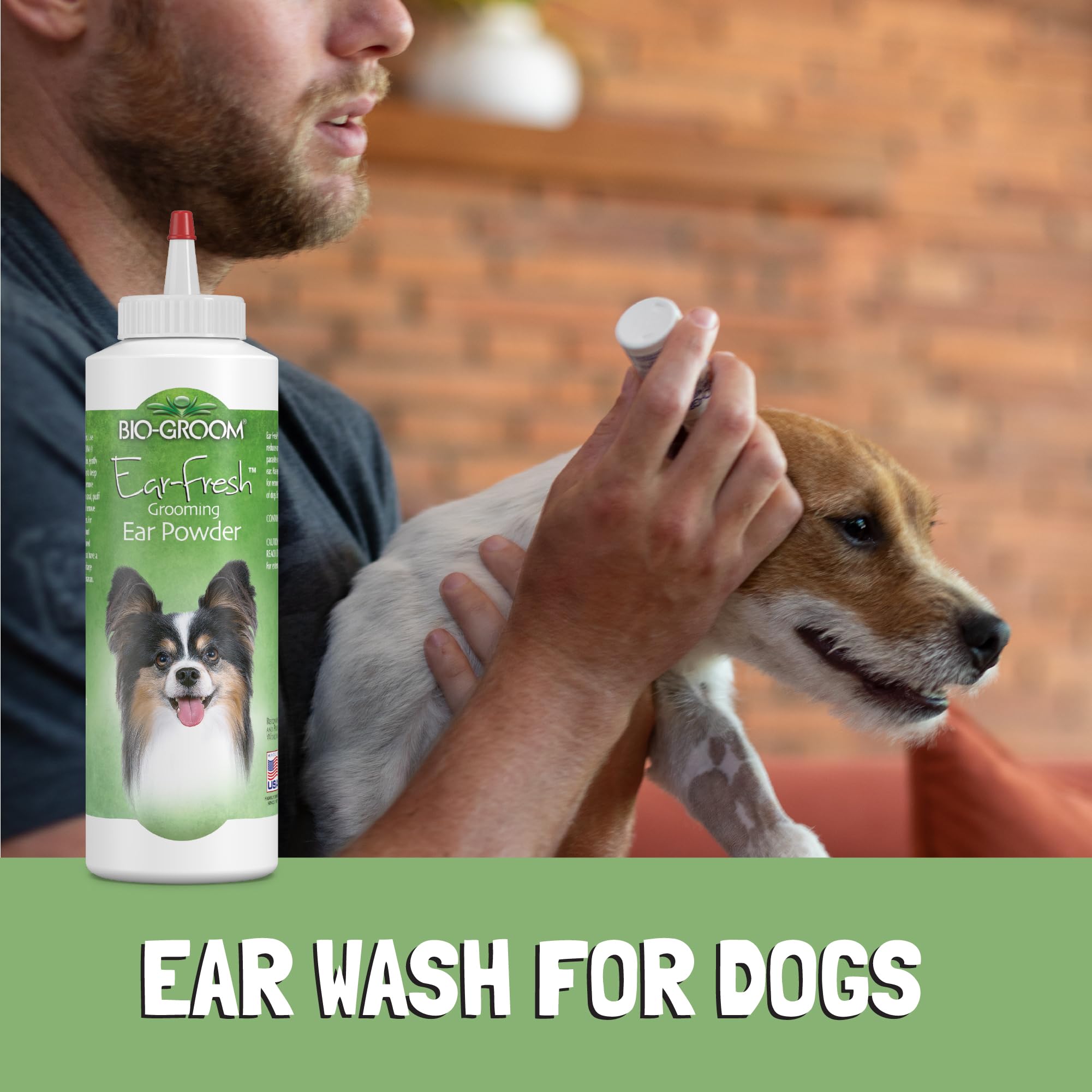 Bio-groom Ear-Fresh ear cleaning close-up emphasizing odor-reducing formula.