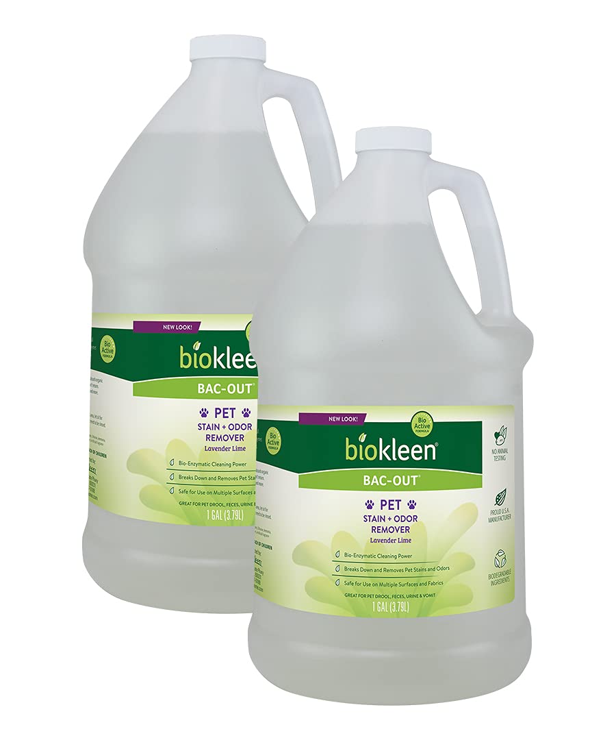 Biokleen Bac-Out 2gal bottle front shows powerful enzymatic stain removal for pet messes