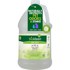 Biokleen Bac-Out enzyme bottle pour demonstrates quick stain and odor removal