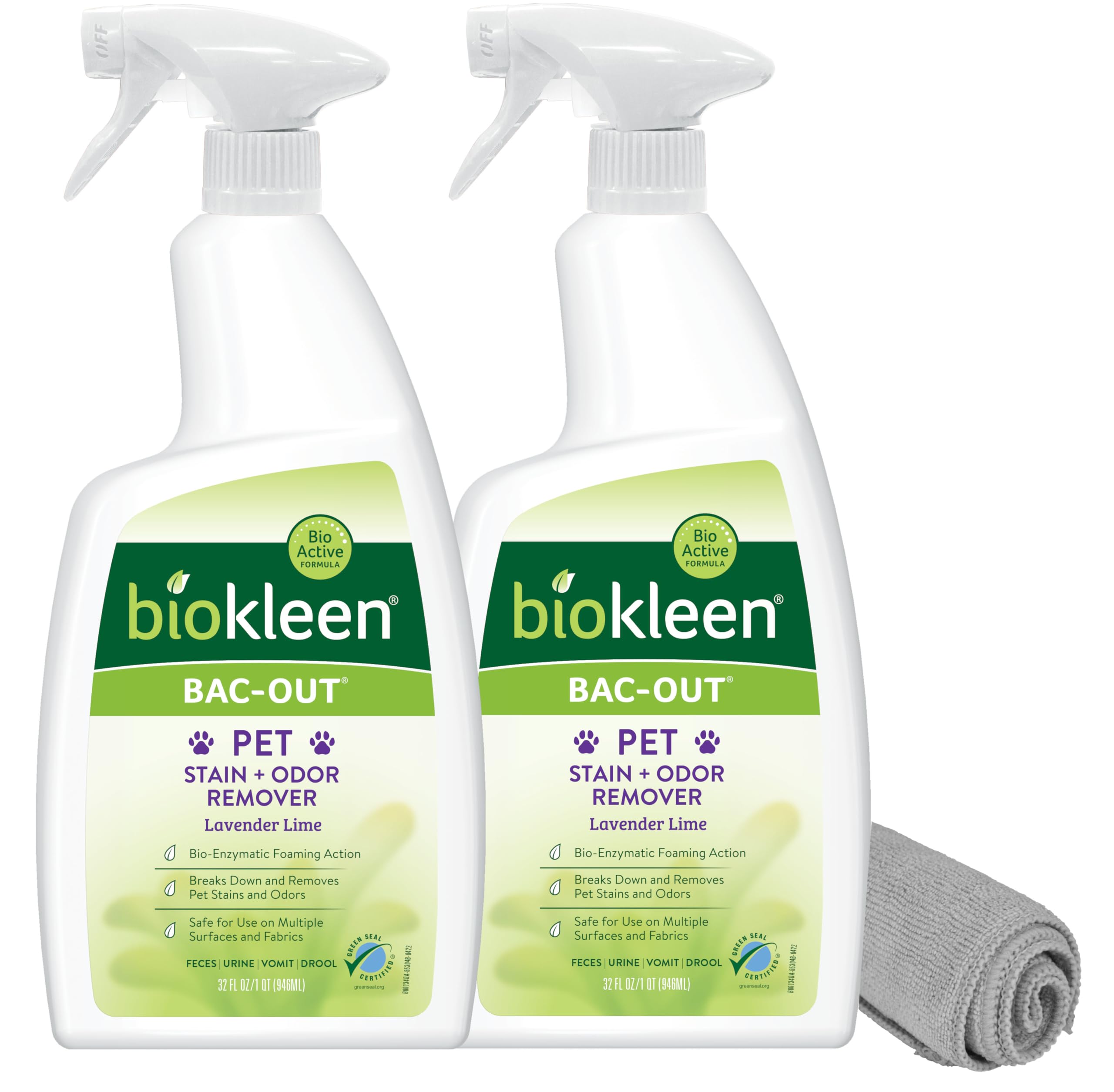 Biokleen Bac-Out bottle front highlights enzyme-based odor elimination for pets.