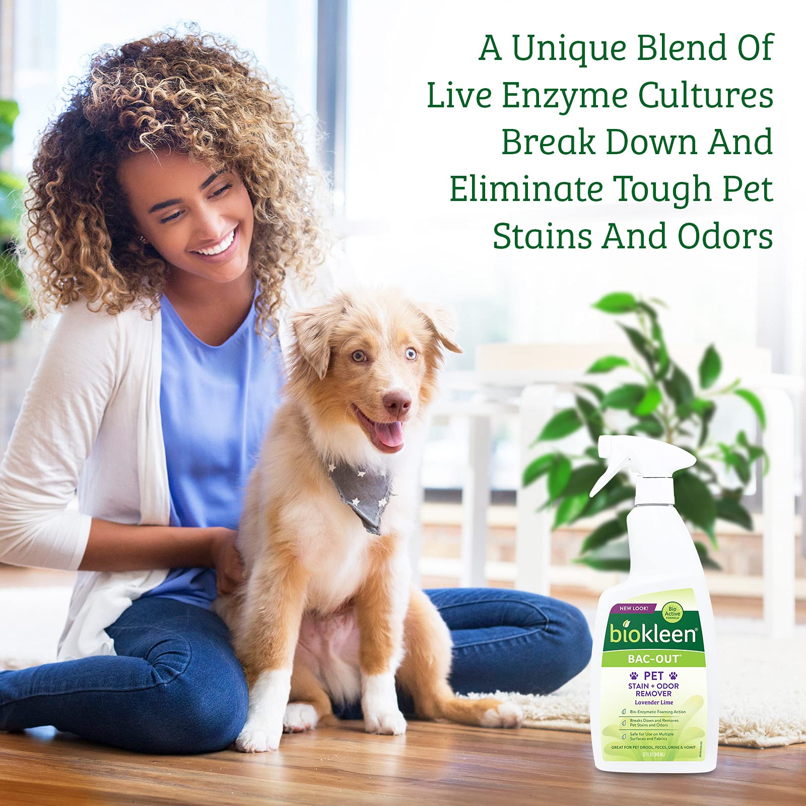 Biokleen Bac-Out label close-up emphasizes eco-friendly, plant-based cleaner features.