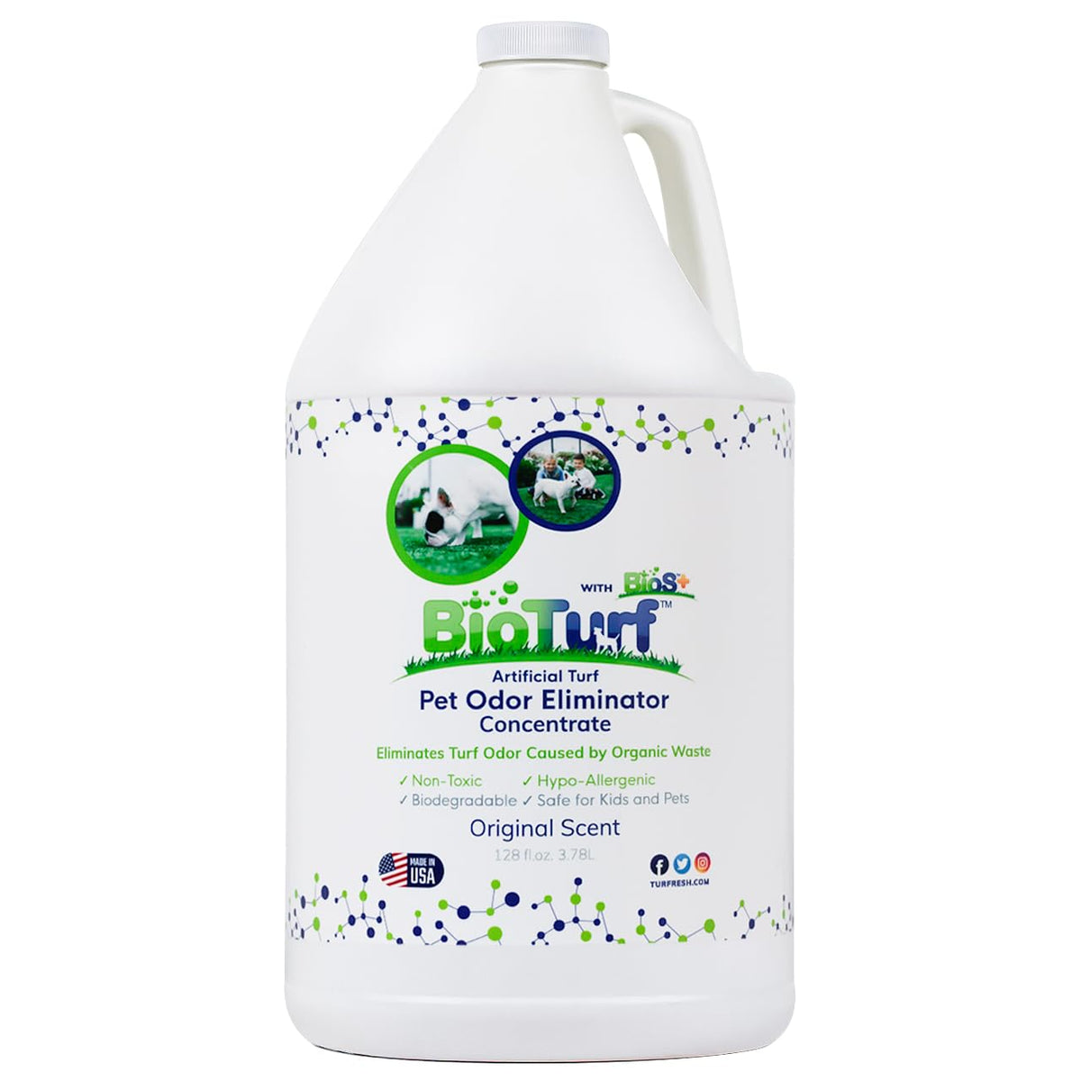 BioTurf BioS+ bottle close-up showing enzymatic odor control for outdoor spaces.