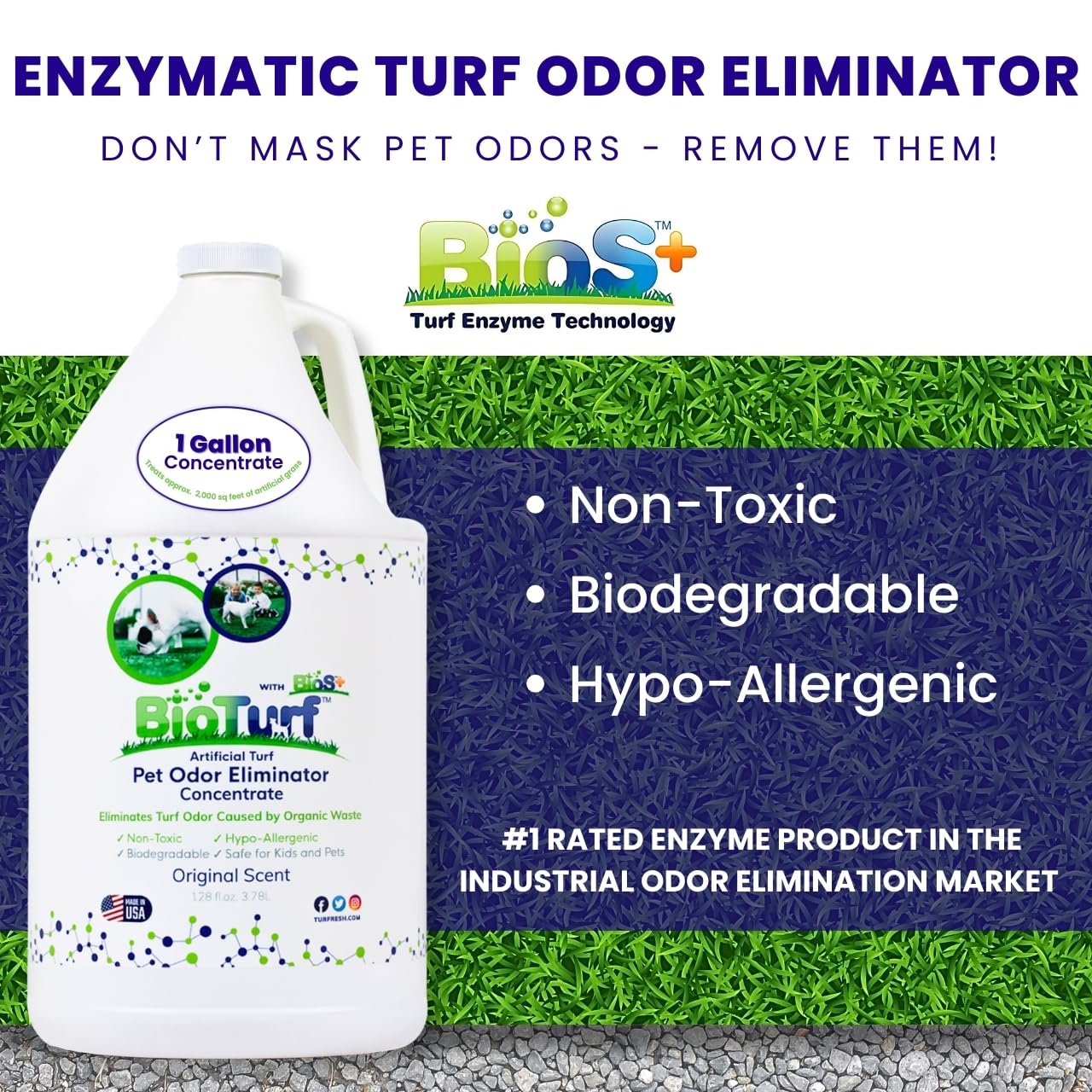 BioTurf BioS+ on grass surface image highlights urine odor neutralization.