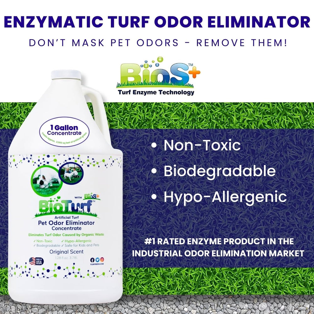 BioTurf BioS+ on grass surface image highlights urine odor neutralization.