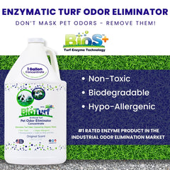 BioTurf BioS+ on grass surface image highlights urine odor neutralization.