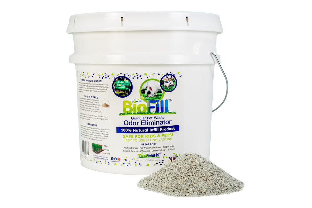 BioTurf granular turf infill in a 3.5 gallon pail for safe outdoor odor control