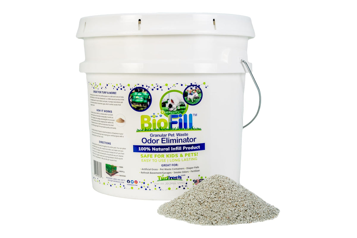 BioTurf granular turf infill in a 3.5 gallon pail for safe outdoor odor control