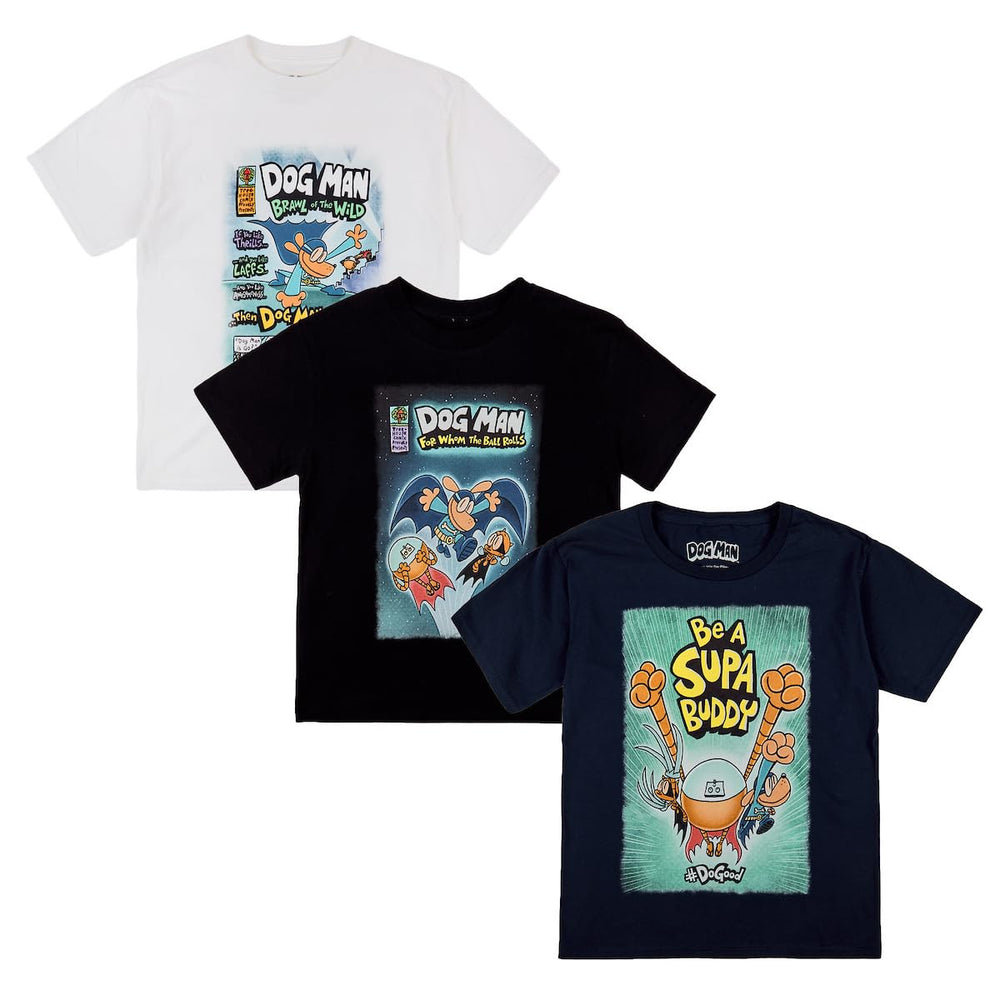 Bioworld Dog Man Youth 3-Pack T-Shirts pack front view with vibrant graphics for school days