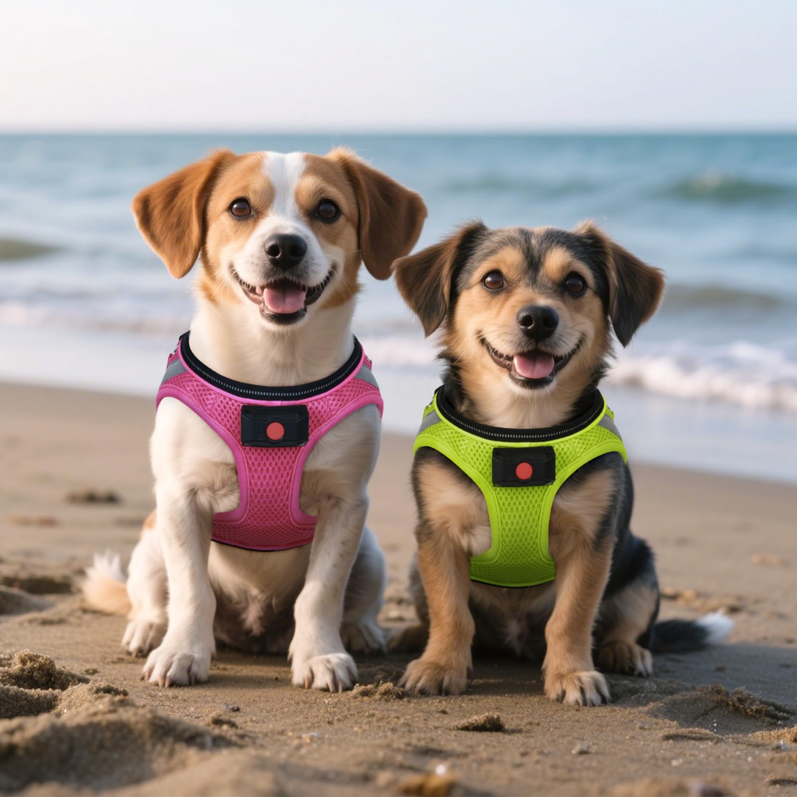 BiPawTi harness reflective strips catch car headlights for safety.