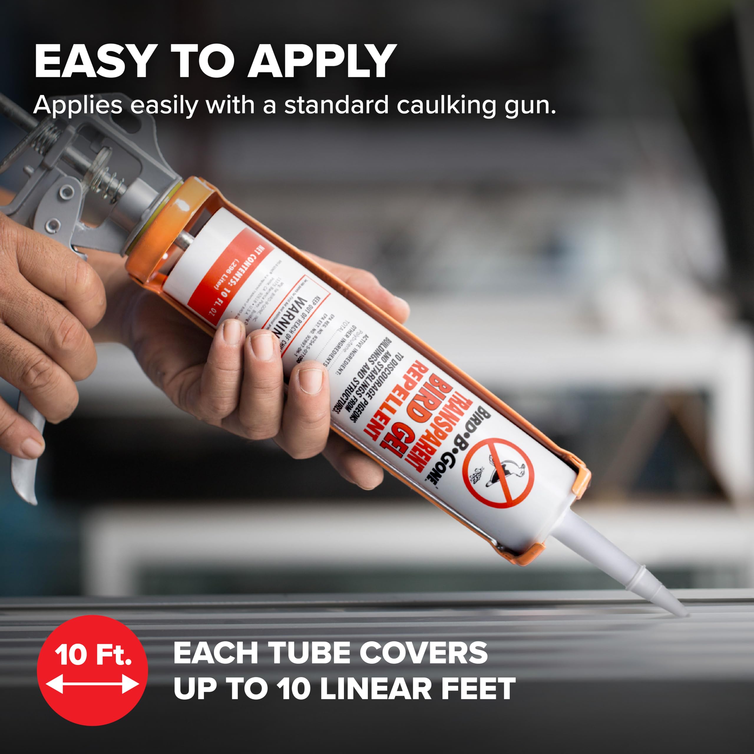 Bird B Gone 10 foot coverage indicates long-lasting protection from birds.