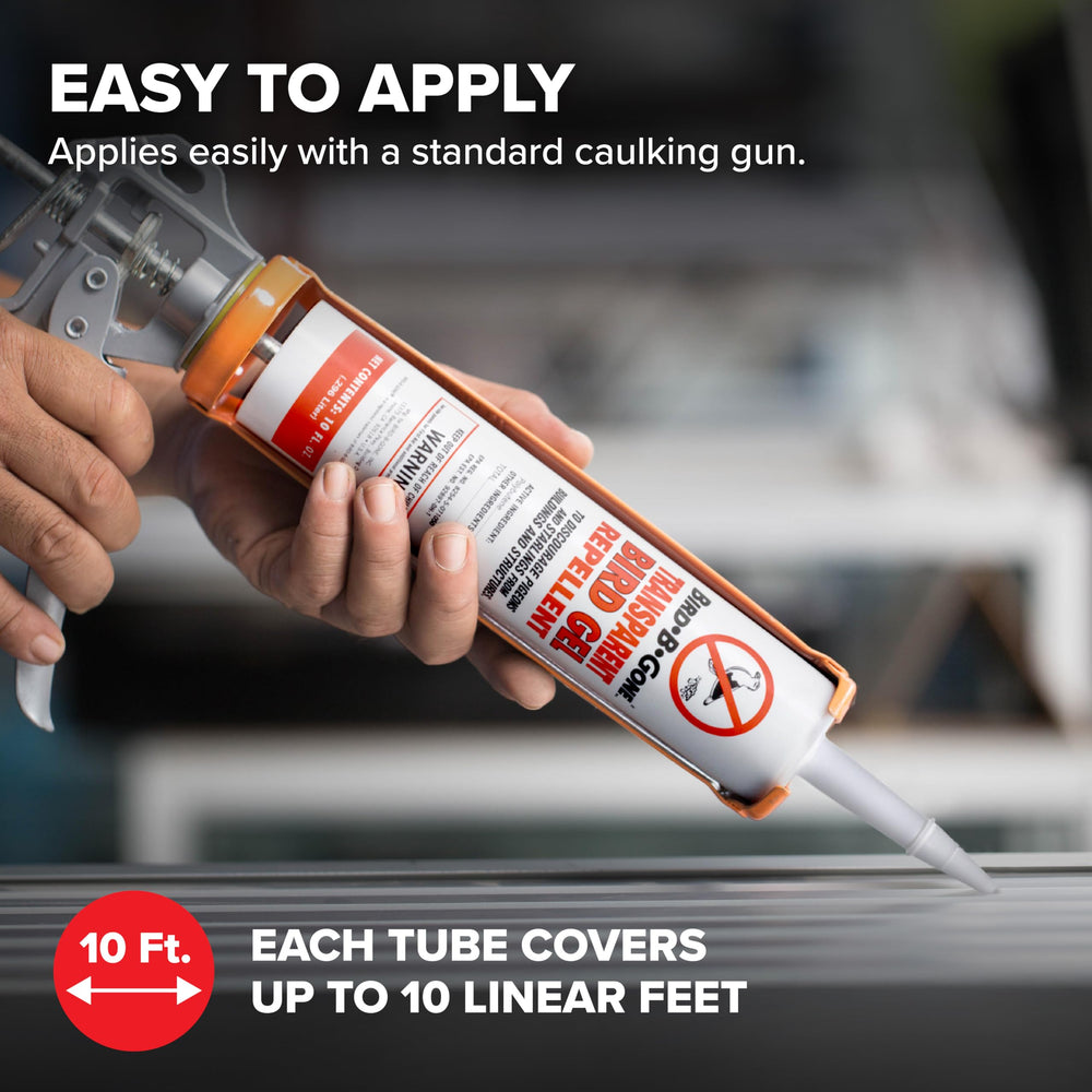 Bird B Gone 10 foot coverage indicates long-lasting protection from birds.